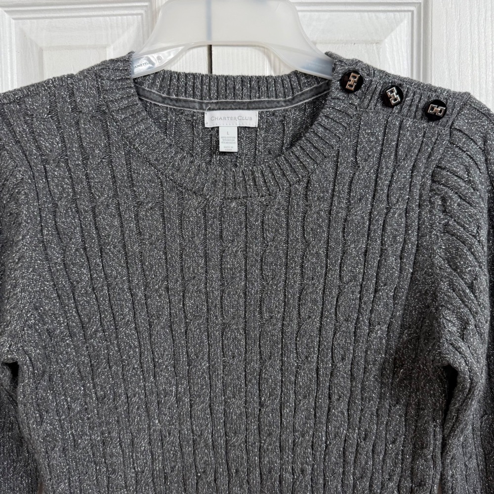 Charter Club Cable Knit Sweater L Grey Metallic Button Shoulder Preppy Glam